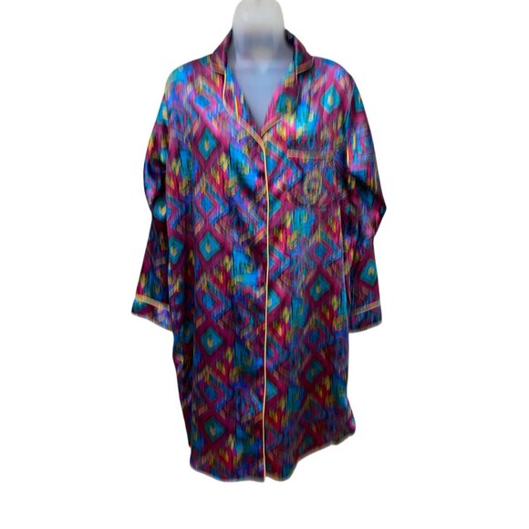 Vintage Adolfo Classics Womens Satin Pajama Shirt With Retro Geometric Print & C - Picture 4 of 10